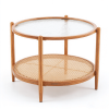 Ban on AM Sales2-Tier Round Coffee Table, Water Ripple Glass Top, PE Rattan & Iron Frame, 25.6"25.6"18.5", Heat Transfer Wood Grain