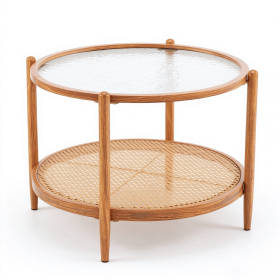 Ban on AM Sales2-Tier Round Coffee Table, Water Ripple Glass Top, PE Rattan & Iron Frame, 25.6"25.6"18.5", Heat Transfer Wood Grain
