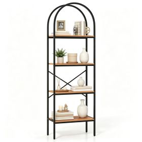 4Tier Arched Freestanding Bookshelf, Industrial Metal Frame Display Storage Rack with AntiTip Kits & Adjustable Foot Pads