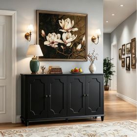 Black Farmhouse Sideboard Buffet Cabinet, 4 Door Vintage Storage Credenza with Decorative Curved Raised Panel Doors