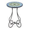 14 Inch Mediterranean Blue-Green Mosaic Side Table, Round Iron Top with Butterfly Legs, Indoor Outdoor Accent End Table
