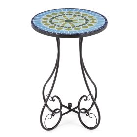 14 Inch Mediterranean Blue-Green Mosaic Side Table, Round Iron Top with Butterfly Legs, Indoor Outdoor Accent End Table