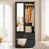 Black Wardrobe Closet with Mirror Door, 2 Doors & 2 Drawers Storage Cabinet with LED Sensor Light, Built-in Pegboard Organizer
