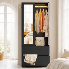Black Wardrobe Closet with Mirror Door, 2 Doors & 2 Drawers Storage Cabinet with LED Sensor Light, Built-in Pegboard Organizer