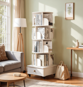 Rotating Bookshelf with Drawer, 360 Display 5 Tier Corner Bookshelf for Small Space, Floor Standing Bookcase Storage Rack
