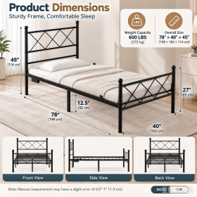 78"40" Twin Metal Platform Bed Frame, X-Design Headboard & Footboard with LED Lights, USB & Type-C Charging, Heavy-Duty Steel Slats