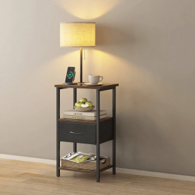 Nightstand with Lamp and Charging Station, End Table with 2 AC Outlets, USB and Type-C Ports, Fabric Drawer, 3 Color Temperature Bulb Included