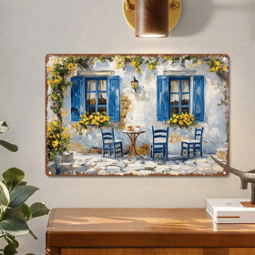 CIFbuy Vintage Greek Caf | Blue Door Floral Metal Tin Sign Heavy-Duty Waterproof Rustproof Iron Poster 11.81x7.87Inch Retro Wall Art H TikTok, TikTok
