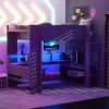Wood Full Size Gaming Loft Bed with Desk, Multi-storage Shelves, LED and Charging Station, Dark Gray(Old SKU:SM000374AAE)