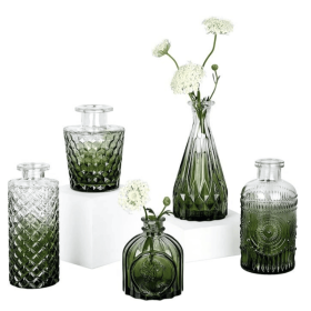 Glass Bud Vase Set of 5, Small Green Flower Vases for Centerpieces in Bulk, Mini Vintage Vase for Wedding Decor, Single Flowers, and Home Table D