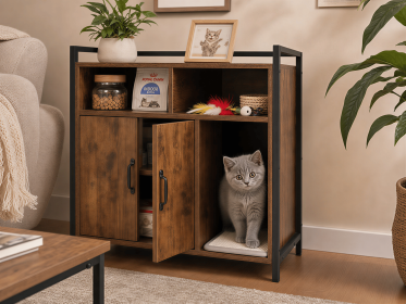 Rustic Brown Wooden Cat Litter Box Enclosure, Spacious Hidden Cat Litter Box with Scratching Mat Furniture for Bedroom, Bathroom
