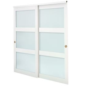 Sliding Closet Door, 72" (Double 37") x 80", 3-Lite Frosted Glass Bypass Sliding Doors with Hardware Kit & Floor Guide