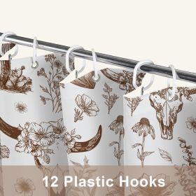 Western Cow Skull Shower Curtain, Brown Rustic Country Farmhouse Tribal Abstract Wildflower Shower Curtains