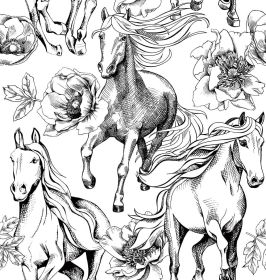 Black and White Peony Floral Horse Modern Peel and Stick Wallpaper Wall Decor Self Adhesive Wall Paper Stick on Easy Peel Off Contact Paper for R