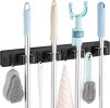 Black Mop Broom Holder Wall Mount with 4 Slots & 4 Hooks - Rustic Wood Broom Mop Hanger for Pantry Closet Laundry Room Organization - Heavy Duty Garde