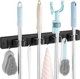 Black Mop Broom Holder Wall Mount with 4 Slots & 4 Hooks - Rustic Wood Broom Mop Hanger for Pantry Closet Laundry Room Organization - Heavy Duty Garde