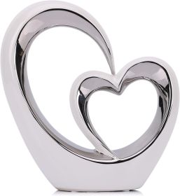 Porcelain Double Heart Decor,White and Silver Sculpture Home Decor for Living Room Entryway Coffee Dining Table Shelves, Wedding Anniversary