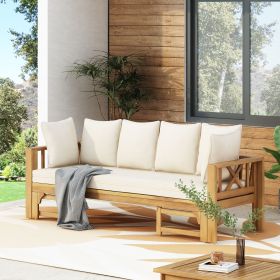 Outdoor Extendable Acacia Wood 3 Seater Sofa, Upholstered Cushion Couch, Daybed Sofa Chair, Spacious Seating Lounge Chair