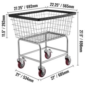 Wire Laundry Cart, 2.8Bushel Wire Laundry Basket with Wheels, 26.7''x21.7''x26.4'' Commercial Wire Laundry Basket Cart, Steel Frame with Chrome Finish