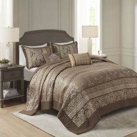 5 Piece Reversible Jacquard Bedspread Set Brown/Gold Queen