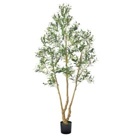 7FT Artificial Olive Tree with Black Pot, Tall Fake Tree with Natural Wood Trunk & Realistic Green Leaves and Fruits, Indoor Faux Plant for Home