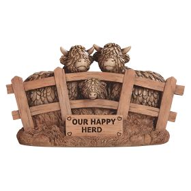 9"W Highland Cow Family in Fence Figurine Home Decor Gift