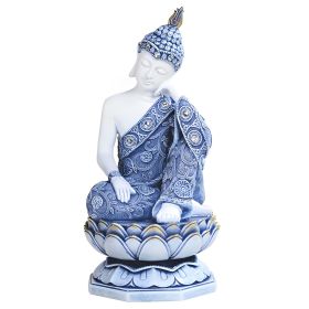 11"H Blue and White Thai Buddha on Lotus Seat Figurine Home Decor Gift