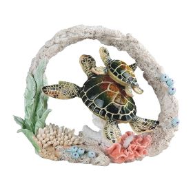 9.5"W Green Sea Turtle with Baby Swimming Around Coral Figurine Home Decor Gift