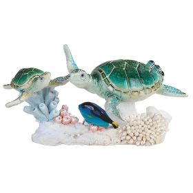 8.75"W Two Green Sea Turtles Swimming with Blue Fish Figurine Home Decor Gift