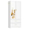 White Wardrobe Closet with Mirror Door, 2 Doors & 2 Drawers Storage Cabinet with LED Sensor Light, Built-in Pegboard Organizer