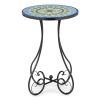 14 Inch Mediterranean Blue-Green Mosaic Side Table, Round Iron Top with Butterfly Legs, Indoor Outdoor Accent End Table