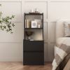 Tall Nightstand with Charging Station,Modern Bedside Tables with Storage Shelves & 2 Drawers for Bedroom,Black