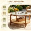 2-Tier Rattan Coffee Table Frosted Tempered Glass Top Wood Legs Living Room Decorative Storage