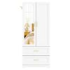 White Wardrobe Closet with Mirror Door, 2 Doors & 2 Drawers Storage Cabinet with LED Sensor Light, Built-in Pegboard Organizer