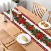 Watercolor Poinsettia Red Christmas Table Runner with White Snowflake