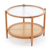 Ban on AM Sales2-Tier Round Coffee Table, Water Ripple Glass Top, PE Rattan & Iron Frame, 25.6"25.6"18.5", Heat Transfer Wood Grain