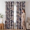 Navy and Beige Vintage Leaf Semi-Blackout Curtain Set, 2 Panels 52 x 84 Inches Each