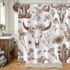 Western Cow Skull Shower Curtain, Brown Rustic Country Farmhouse Tribal Abstract Wildflower Shower Curtains
