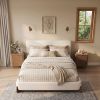 Elegant terry upholstered bed with dark brown solid wood legs, luxurious and comfortable bedroom centerpiece, queen size, white