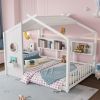 Full Size Floor House Bed for Toddler, Kids Montessori Bed with Storage Shelf, Playhouse Bed with Roof Design, White