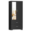 Black Wardrobe Closet with Mirror Door, 2 Doors & 2 Drawers Storage Cabinet with LED Sensor Light, Built-in Pegboard Organizer