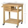 Bamboo Kitchen Island Cart on Wheels - Utility Trolley with 2 Drawers & Open Shelves, Bamboo Tone
