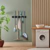 Black Mop Broom Holder Wall Mount with 4 Slots & 4 Hooks - Rustic Wood Broom Mop Hanger for Pantry Closet Laundry Room Organization - Heavy Duty Garde