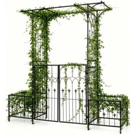 Metal Garden Arbor With Double Lockable Gate, Flat Top Garden Arch With Side Planter Boxes, Powder-Coated Climbing Plant Support (Option: defaulttitle)