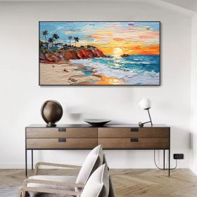 Hand Painted Oil Painting Abstract Seaside Landscape Palette Knife Art Impressionist Island Beach Scene Mural Sunrise Over Sea Artwork 3D Wall Art Pe (style: 01, size: 75x150cm)