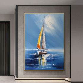 Hand Painted Oil Painting Large Abstract Sailboat Canvas Wall Art Modern Nautical Painting Blue Seascape Painting Abstract Sailboat Canvas Art,Living (style: 01, size: 60X90cm)