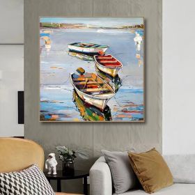 Hand Painted Oil Painting Canoe oil Paintings Nordic Seascape-Hand-Painted- Colorful Boats Oil Painting-Wall Art Handmade- For Home Decoration (style: 01, size: 100x100cm)