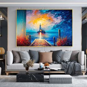 Hand Painted Oil Painting Abstract Coastal Landscape Oil Painting On Canvas Large Wall Art Original Lighthouse Painting Sunset Painting Custom Painti (style: 01, size: 100X150cm)