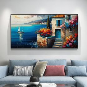 Hand Painted Original Seaside Mediterranean Oil Painting On Canvas Large Wall Art Abstract Blue Seascape Art Custom Painting Living Room Home Decor (style: 01, size: 40x80cm)