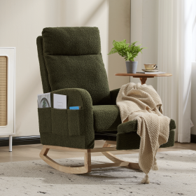 Modern Accent Rocking Chair Rocking Chair with Solid Wood Legs, Upholstered Nursery Glider Rocker, Comfy Armchair with Side Pocket, Living Room Loung (Color: green)